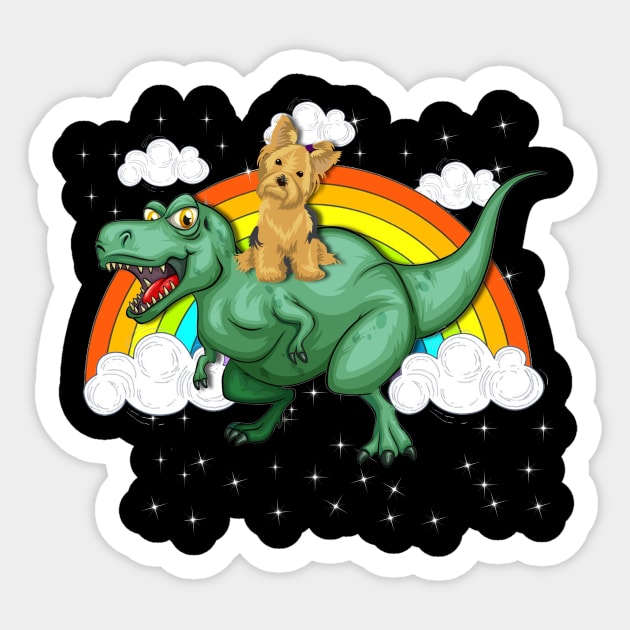 T Rex Dinosaur Riding Yorkie Dog Sticker by LaurieAndrew